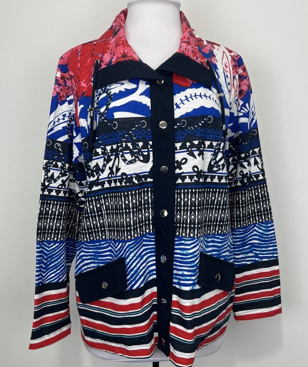 Onque Woman’s Size 1X Anchor Print Red White Blue Nautical Jacket Blazer Cruise